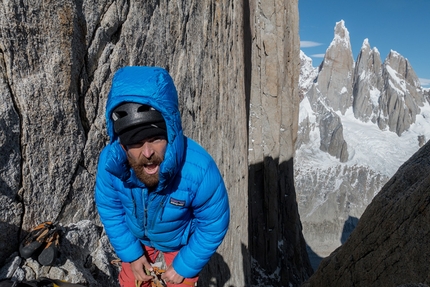 Nicolas Favresse, Sean Villanueva, Aguja Poincenot, Patagonia - Sean Villanueva making the first repeat and first free ascent of Historia interminable on Aguja Poincenot in Patagonia, with Nico Favresse in 2020