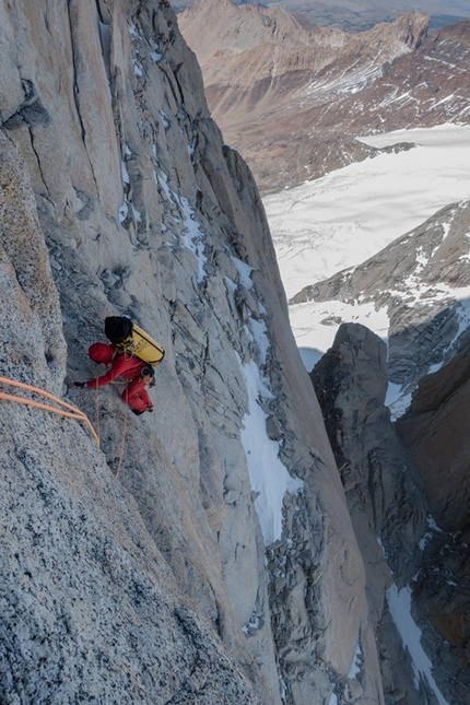 Nicolas Favresse, Sean Villanueva, Aguja Poincenot, Patagonia - Nico Favresse and Sean Villanueva making the first repeat and first free ascent of Historia interminable on Aguja Poincenot in Patagonia