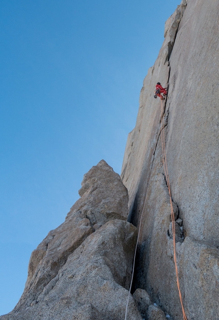 Nicolas Favresse, Sean Villanueva, Aguja Poincenot, Patagonia - Sean Villanueva making the first repeat and first free ascent of Historia interminable on Aguja Poincenot in Patagonia with Nico Favresse