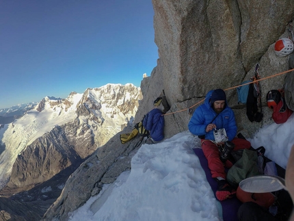 Nicolas Favresse, Sean Villanueva, Aguja Poincenot, Patagonia - Nico Favresse and Sean Villanueva making the first repeat and first free ascent of Historia interminable on Aguja Poincenot in Patagonia