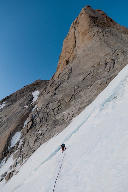 Nicolas Favresse, Sean Villanueva, Aguja Poincenot, Patagonia - Nico Favresse and Sean Villanueva making the first ascent of Beggars Banket on Aguja Poincenot in Patagonia