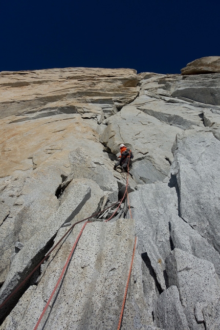 Nicolas Favresse, Sean Villanueva, Aguja Poincenot, Patagonia - Nico Favresse making the first ascent of Beggars Banket on Aguja Poincenot in Patagonia with Sean Villanueva