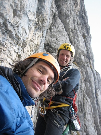 Torre Sprit, Pale di San Martino, Dolomiti - Luca Matteraglia e Daniele Geremia durante l'apertura di Timelapse alla Torre Sprit nelle Pale di San Martino, Dolomiti