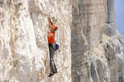 Quo Vadis - Sass dla Crusc - Nicola Tondini climbing Quo Vadis, Sass dla Crusc, Dolomites