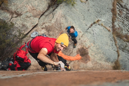 Baspa Valley, India, Himalaya, Matty Hong, Jacopo Larcher, Eneko Pou, Iker Pou, Siebe Vanhee - Jacopo Larcher belayed by Siebe Vanhee climbing in the Baspa Valley, India, Himalaya