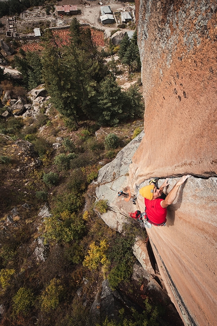 Baspa Valley, India, Himalaya, Matty Hong, Jacopo Larcher, Eneko Pou, Iker Pou, Siebe Vanhee - Jacopo Larcher belayed by Siebe Vanhee climbing in the Baspa Valley, India, Himalaya