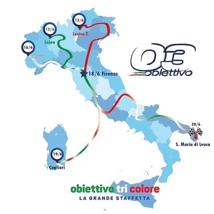 Obiettivo 3 - La mappa d'Italia e il percorso che faranno le tre staffette di Obiettivo 3, partendo da tre punti diversi del nord Italia, per congiungersi a Firenze e poi ripartire assieme verso Santa Maria di Leuca, senza dimenticare l’abbraccio alla Sardegna!