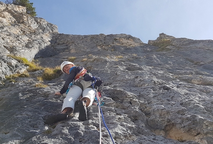 Catinaccio Dolomites, Rosengarten, Via Andrea Concini - Andrea Concini climbing up Pala di Socorda, Rosengarten, Dolomites