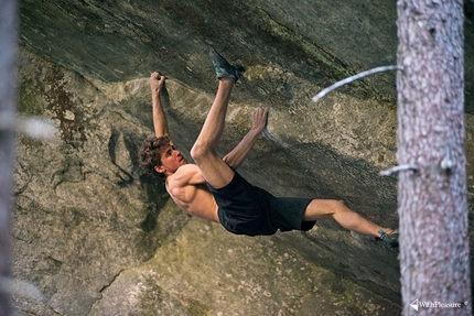 Giuliano Cameroni, Magic Wood - Giuliano Cameroni making the first ascent of Power of now (8C/V15) at Magic Wood in Switzerland