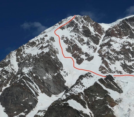 Punta Parrot, massiccio del Monte Rosa, Alpi Pennine, Andrea Nespoli, Filippo Solaro del Borgo - La parete ENE della Punta Parrot 4450m (massiccio del Monte Rosa) e il tracciato della via Cavanna Gabbio