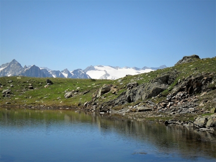 Punta d’Albiolo, Cevedale - Il laghetto d’Albiolo e Adamello nello sfondo