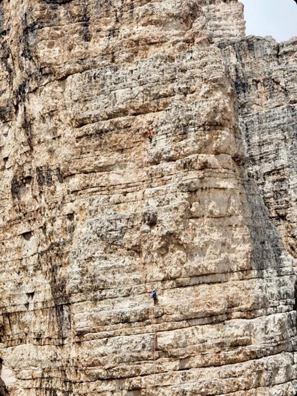 Tre Cime di Lavaredo, Dolomites, Croda degli Alpini, Simon Gietl, Andrea Oberbacher - Simon Gietl and Andrea Oberbacher making the first ascent of DNA up Croda degli Alpini, Cima Ovest di Lavaredo, Dolomites