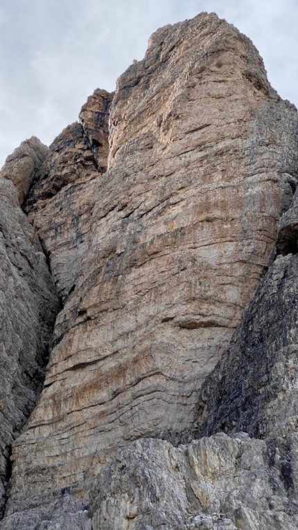 Tre Cime di Lavaredo, Dolomites, Croda degli Alpini, Simon Gietl, Andrea Oberbacher - Simon Gietl and Andrea Oberbacher making the first ascent of DNA up Croda degli Alpini, Cima Ovest di Lavaredo, Dolomites