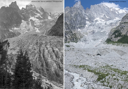 Sulle tracce dei ghiacciai, Fabiano Ventura - Il Ghiacciaio della Brenva in una foto di Vittorio Sella del 1922 con lo medesimo scatto di Fabiano Ventura del 2019