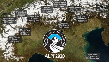 Sulle tracce dei ghiacciai, Fabiano Ventura - Alpi 2020: dal 24 luglio a metà settembre il team fotografico-scientifico di Fabiano Ventura si muoverà dal Monte Bianco alle Alpi Giulie, passando per tutti i più importanti gruppi montuosi italiani.