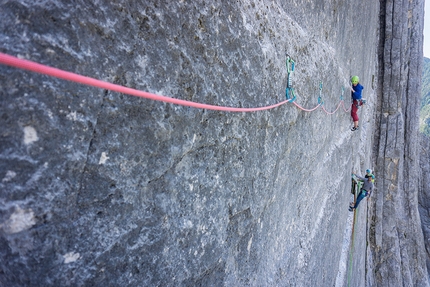 Repswand, Karwendel, Peter Manhartsberger, Klaus Gössinger - Catherine Laflamme climbing the 7a+ variation pitch of Prime Time on Repswand, (Karwendel, Austria)