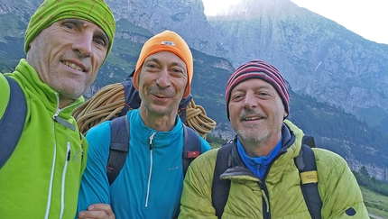 Dolomiti di Brenta, Val d’Ambiez, Zigo Zago, Rolando Larcher - Rolando Larcher, Herman Zanetti e Marco Curti, prima rotpunkt della Via Zigo Zago sulla Cima Ghez in Val d’Ambiez