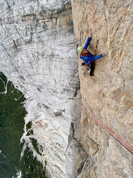 Torre del Lago, Dolomites, Simon Gietl, Andrea Oberbacher - Andrea Oberbacher making the first ascent of Lifestyle on Torre del Lago, Dolomites