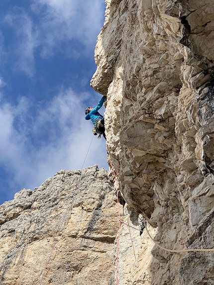Torre del Lago, Dolomites, Simon Gietl, Andrea Oberbacher - Simon Gietl making the first ascent of Lifestyle on Torre del Lago, Dolomites