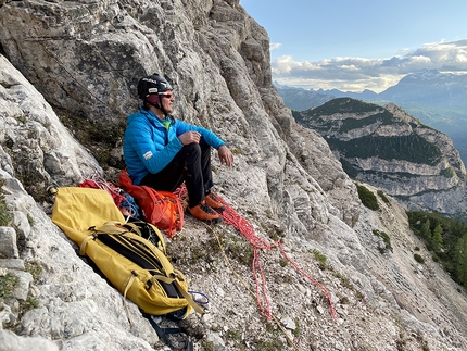 Torre del Lago, Dolomites, Simon Gietl, Andrea Oberbacher - Simon Gietl making the first ascent of Lifestyle on Torre del Lago, Dolomites