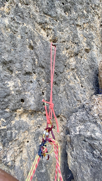 Torre del Lago, Dolomites, Simon Gietl, Andrea Oberbacher - A belay on Lifestyle on Torre del Lago, Dolomites