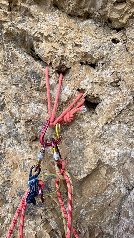 Torre del Lago, Dolomites, Simon Gietl, Andrea Oberbacher - A belay on Lifestyle on Torre del Lago, Dolomites