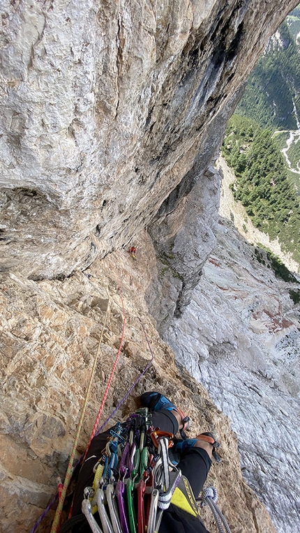 Torre del Lago, Dolomites, Simon Gietl, Andrea Oberbacher - Simon Gietl making the first ascent of Lifestyle on Torre del Lago, Dolomites