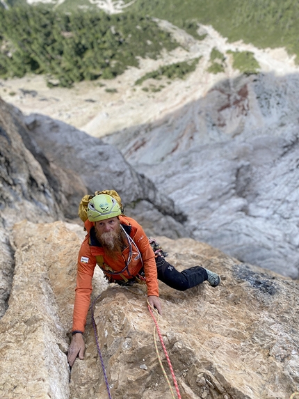 Torre del Lago, Dolomites, Simon Gietl, Andrea Oberbacher - Andrea Oberbacher making the first ascent of Lifestyle on Torre del Lago, Dolomites