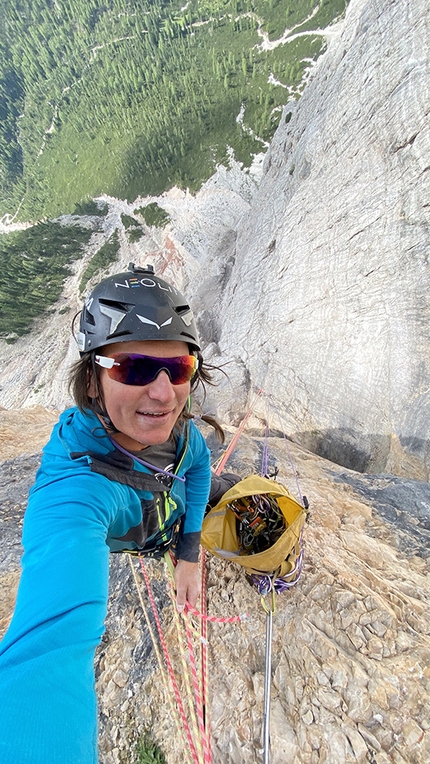 Torre del Lago, Dolomites, Simon Gietl, Andrea Oberbacher - Simon Gietl making the first ascent of Lifestyle on Torre del Lago, Dolomites