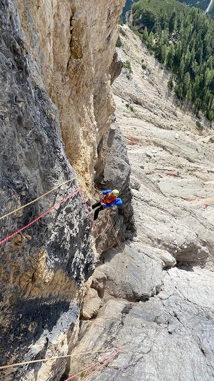 Torre del Lago, Dolomites, Simon Gietl, Andrea Oberbacher - Andrea Oberbacher making the first ascent of Lifestyle on Torre del Lago, Dolomites