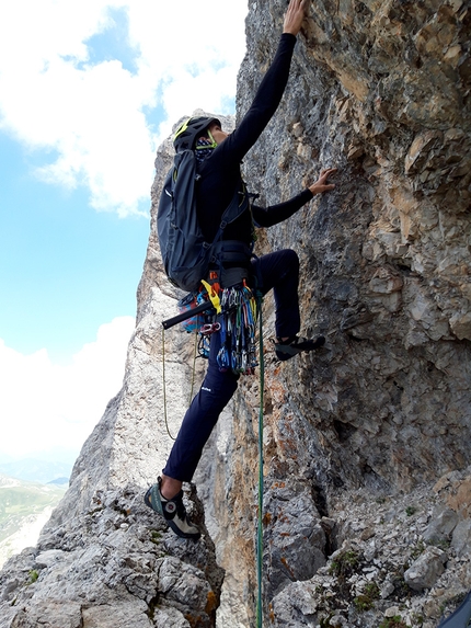 Geislerspitzen, Sass Rigais, Dolomites, Simon Messner, Martin Sieberer - Simon Messner and Martin Sieberer making the first ascent of L Pilaster Desmincià on Sass Rigais, Geislerspitzen, Dolomites