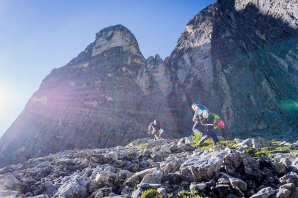 Rienzwand, Rienztal, Dolomites, Peter Manhartsberger, Martin Wibmer - Approaching the east pillar of Rienzwand, Rienztal, Dolomites
