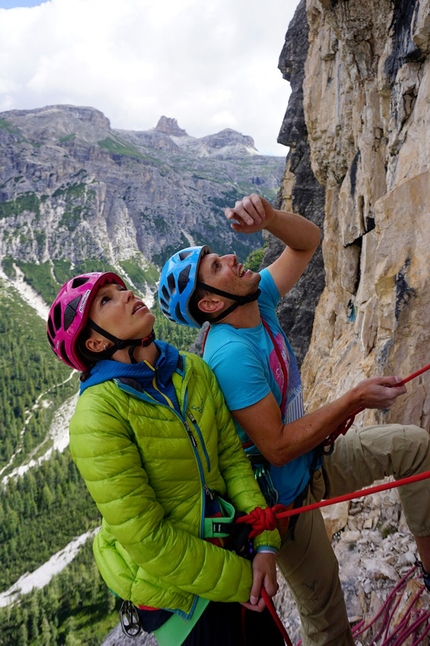 Rienzwand, Rienztal, Dolomites, Peter Manhartsberger, Martin Wibmer - Sabrina Ornter and Peter Manhartsberger at a belay on Osttiroler Marende on Rienzwand, Rienztal, Dolomites