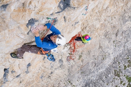 Rienzwand, Rienztal, Dolomites, Peter Manhartsberger, Martin Wibmer - Peter Manhartsberger climbing the crux pitch of Osttiroler Marende on Rienzwand, Rienztal, Dolomites