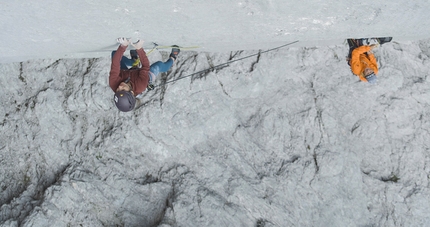 Barbara Zangerl, Jacopo Larcher, Beat Kammerlander, Kampfzone, Rätikon, climbing - Barbara Zangerl belayed by Beat Kammerlander while repeating his Kampfzone in the Rätikon