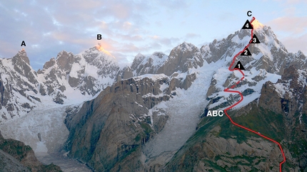 Link Sar - Link Sar (7,041m) climbed by Mark Richey, Steve Swenson, Chris Wright, Graham Zimmerman. (A) Changi Tower. (B) K6 Main. (C) Link Sar (7,041m) from the southeast, showing the line of the 2019 ascent, advanced base camp, and bivouacs.