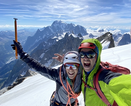 Grandes Jorasses, Il Giovane Guerriero, Federica Mingolla, Leo Gheza - Federica Mingolla and Leo Gheza on the summit after having made the first repeat of Il Giovane Guerriero on the East Face of the Grandes Jorasses