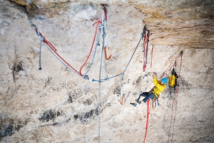 Łukasz Dudek, Tre Cime di Lavaredo, Dolomites - Łukasz Dudek preparing for his solo ascent of Pan Aroma 8c on Cima Ovest di Lavaredo, Tre Cime di Lavaredo, Dolomites