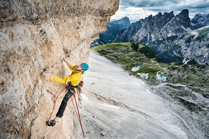 Łukasz Dudek, Tre Cime di Lavaredo, Dolomites - Łukasz Dudek preparing for his solo ascent of Pan Aroma 8c on Cima Ovest di Lavaredo, Tre Cime di Lavaredo, Dolomites