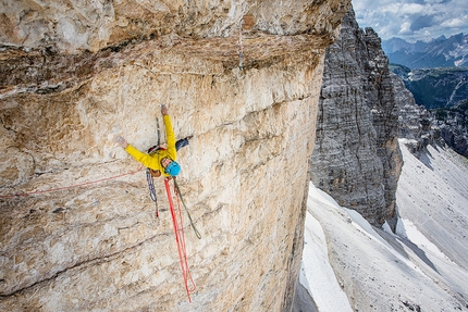 Łukasz Dudek, Tre Cime di Lavaredo, Dolomites - Łukasz Dudek preparing for his solo ascent of Pan Aroma 8c on Cima Ovest di Lavaredo, Tre Cime di Lavaredo, Dolomites