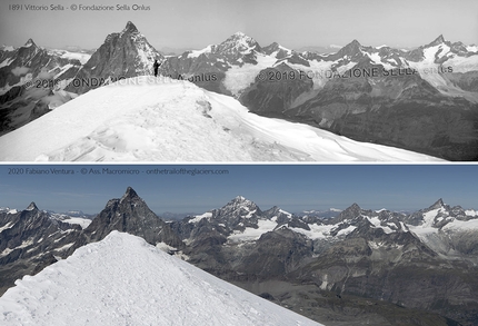 Sulle tracce dei ghiacciai, Fabiano Ventura - Sulle tracce dei ghiacciai - Alpi 2020: la celebre fotografia di Vittorio Sella dalla cima del Breithorn confrontata con la nuova fotografia di Fabiano Ventura