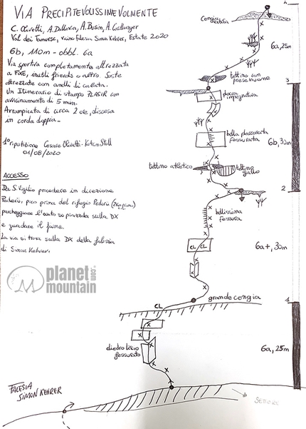 Arrampicata in Dolomiti, Alberto Busin, Albert Castlunger, Alberto Dallavia, Cesare Olivetti - La relazione di Precipitevolissimevolmente in Val dai Tamersc, Dolomiti, aperta da Alberto Busin, Albert Castlunger, Alberto Dallavia e Cesare Olivetti