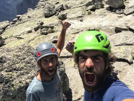 Punta Ferrario, Val Torrone, Val Masino, Paolo Marazzi, Giacomo Regallo - Giacomo Regallo and Paolo Marazzi celebrating after the first free ascent of the Czech Direct on Punta Ferrario (Val Torrone - Val Masino)