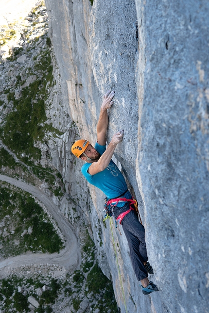 Jernej Kruder - Jernej Kruder making the first free ascent of Ellipsis (8b+, 200m) on Bila Pec at Sella Nevea, Italy