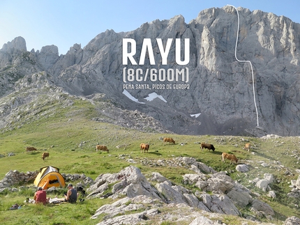 Picos de Europa, Spain, Iker Pou, Eneko Pou, Kico Cerdá - The line of Rayu (8c, 600m) on the south face of the Peña Santa de Castilla in the Picos de Europa massif in Spain, first ascended by Iker Pou, Eneko Pou and Kico Cerdá