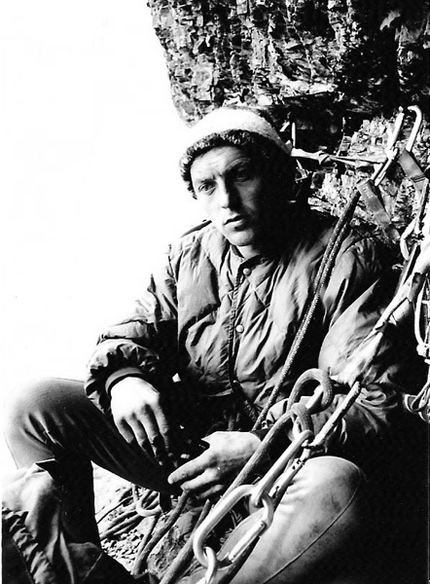 Francek Knez - Franček Knez in the bivouac during the first ascent of Fortuna, Eiger North face, 1985