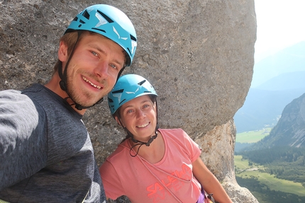 Schüsselkar, Wetterstein, Söllerköpfe, Simon Messner, Barbara Vigl - Simon Messner and Barbara Vigl at the end of the direct start to Nebelgeist on Söllerköpfe, Schüsselkar, Wetterstein massif