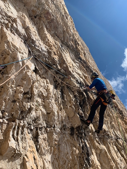 Cima Piccola di Lavaredo, Tre Cime di Lavaredo, Dolomites, Simon Gietl, Vittorio Messini - Simon Gietl and Vittorio Messini making the first ascent of Backstage on Cima Piccola di Lavaredo, Dolomites