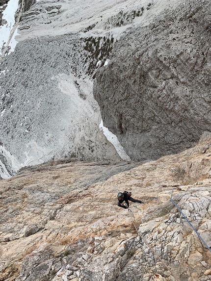 Cima Piccola di Lavaredo, Tre Cime di Lavaredo, Dolomites, Simon Gietl, Vittorio Messini - Simon Gietl and Vittorio Messini making the first ascent of Backstage on Cima Piccola di Lavaredo, Dolomites