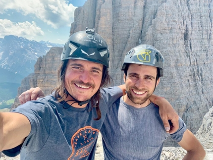 Cima Piccola di Lavaredo, Tre Cime di Lavaredo, Dolomites, Simon Gietl, Vittorio Messini - Simon Gietl and Vittorio Messini making the first ascent of Backstage on Cima Piccola di Lavaredo, Dolomites